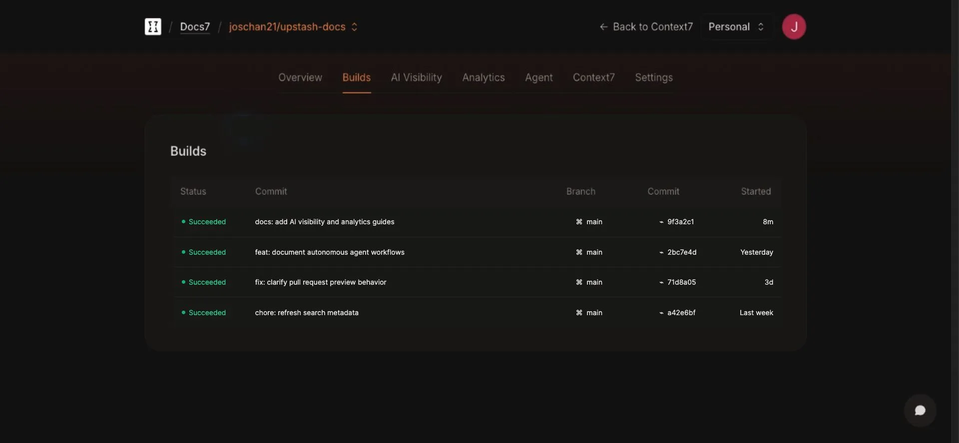 Docs7 Builds dashboard with successful deployments across recent documentation commits